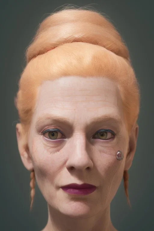 Woman 70 anni, cute, beautiful, orange hair, two braids, wild bangs, blue eyes, big eyes, freckles, long eyelashes, pink lipstick, thin lips, small nose, Gillian from Practical Magic, 8k resolution concept art portrait by Greg Rutkowski