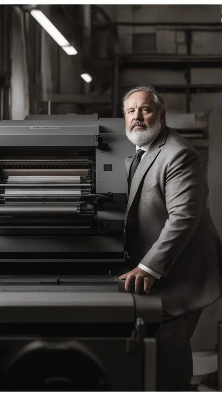 italian strong massive big chubby 50 year old man in smart gray suit, unbuttoned shirt, short beard, shirtless, printer in an old printing house, next to a huge old printer, dim light, side light, ambient occlusion