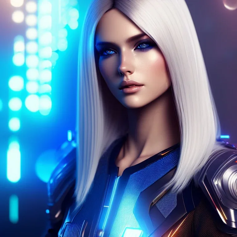 A beautiful portrait of a cute cyberpunk woman, long blond haire, high key lighting, volumetric light high details with white stripes and feathers and blue celtic paterns and scifi glass