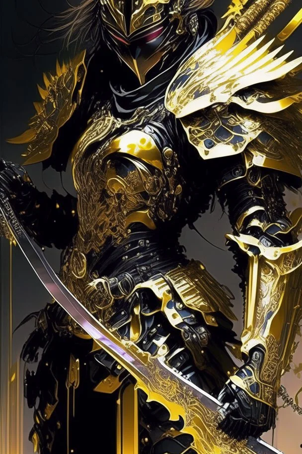 a person with a sword in their hand, very beautiful cyberpunk samurai, shirow masamune, black and golden armor, anime fantasy artwork, bio - mechanical ninja samurai, cyberpunk samurai, masamune, intricate assasin mecha armor, demon samurai warrior, light gold armor, ghostblade, lacquered armor, black and gold armor, demon samurai