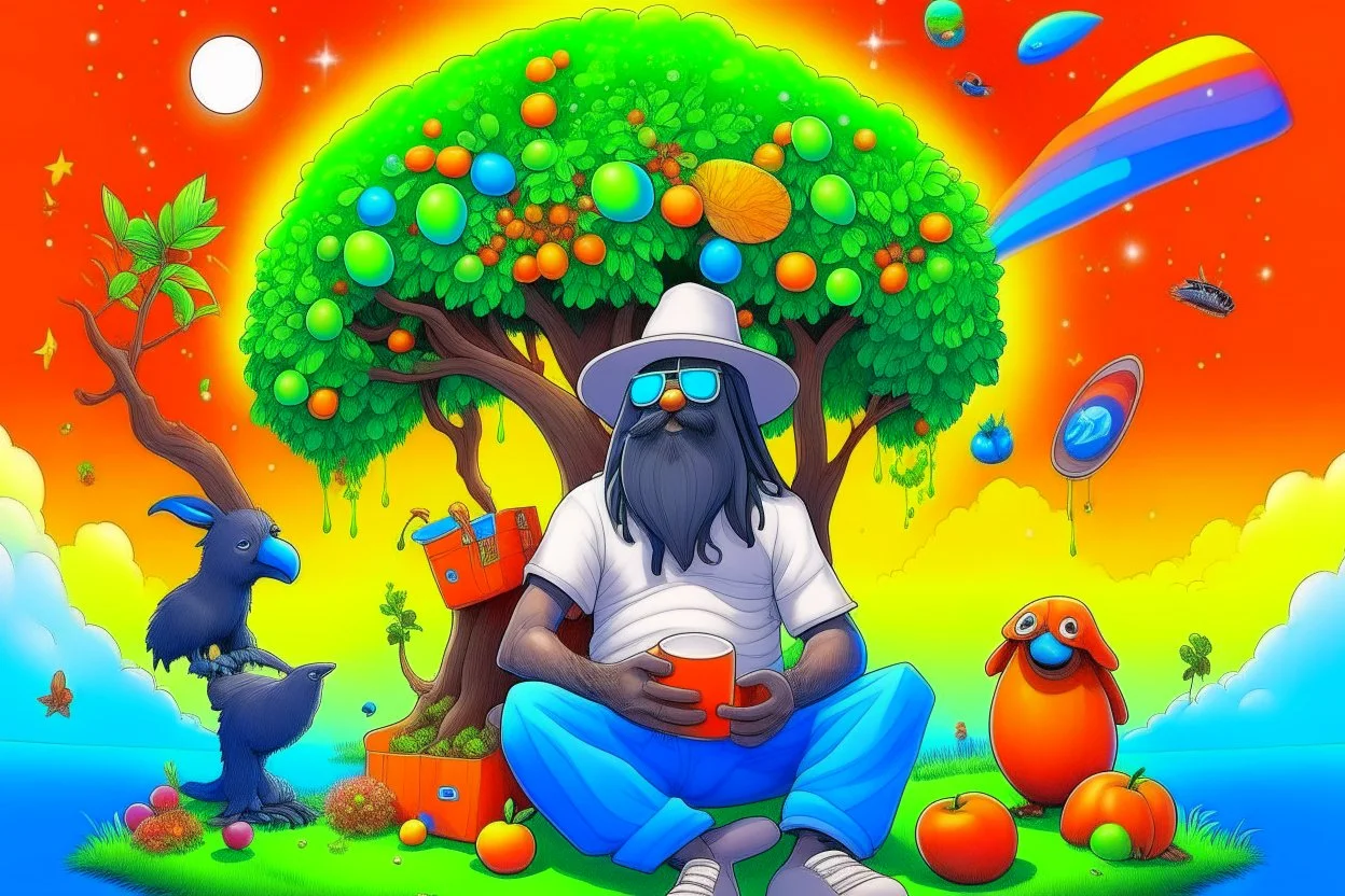 sasquach whit an orange bucket hat with googly eyes sitting under a tree and smoking a joint. in the middle of the sky the is a rainbow. On the right of the rainbow you can see a night sky with a galaxy and planets. on the left side of the rainbow is clear day sky, There is a light coloured guitar near the sasquach. realistic, photograph, full body, landscape