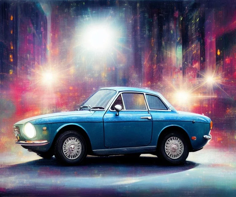 fiat 125p, city. high speed. bokeh. lens flare. warm lights. high detailed. oil on canvas