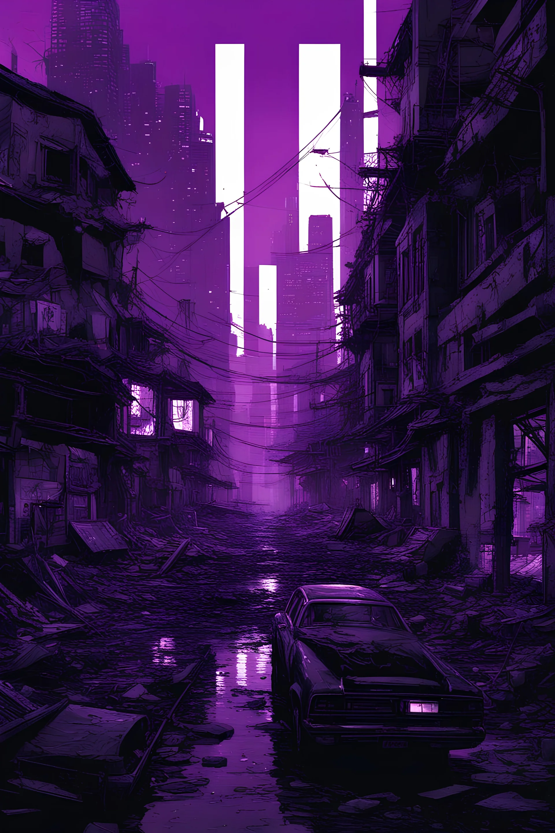 pos-apocalyptic cyberpunk city with destroyed buildings, a plubicity showing the number "2222", illuminated purple neon, dark, high contrast