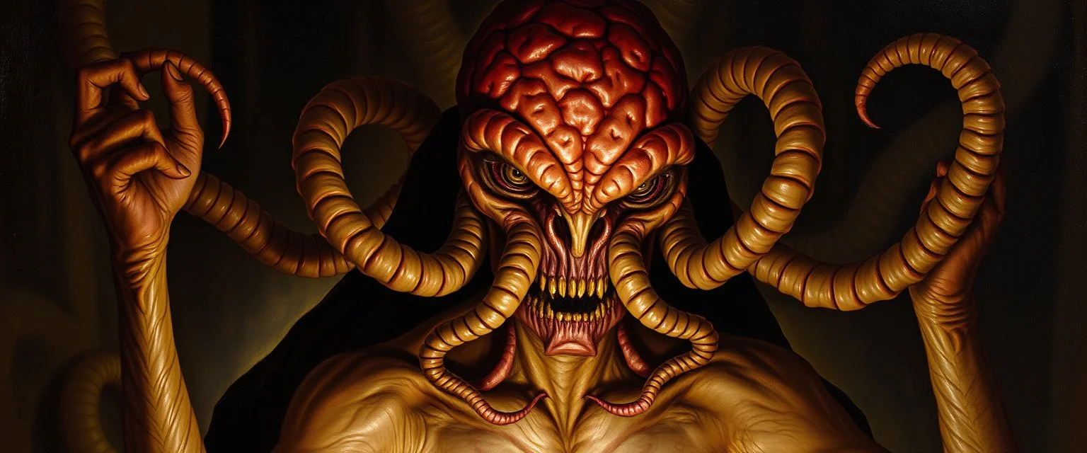 en ond, psionisk humanoid skapning fra Dungeons & Dragons-universet, berømt for sitt hode med tentakler som de bruker til å spise hjerner og dominere andre vesener med tankekraft, og de regjerer ofte i underjordiske byer i Underdark. De er en slags alien-lignende rase som ser på seg selv som overlegne og bruker andre som slaver. , painted by Rembrandt