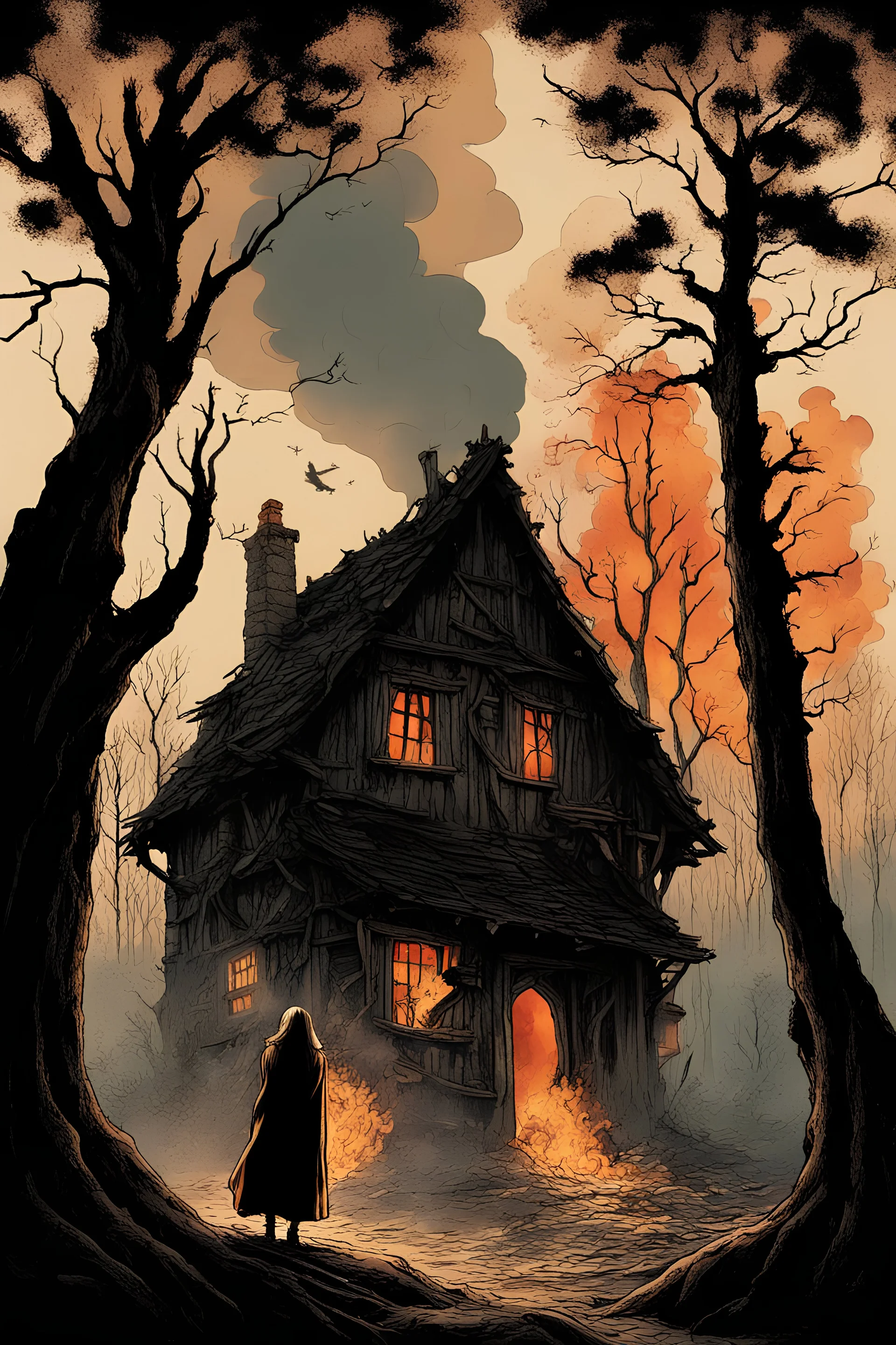 In the heart of a dense, ancient forest, a medieval cottage stands engulfed in flames, its timeworn timbers crackling and sending plumes of smoke into the sky. In the foreground, a mysterious woman in silhouette stands, the house is melting like candy. the house is engulfed in flames. a woman in a cloak hides behind a tree.