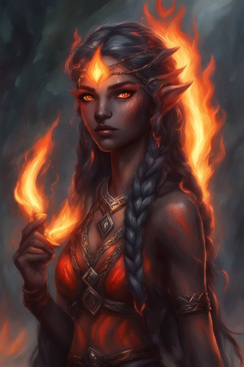 Fire Eladrin druid female. Hair is long and bright black part glows. Part of hair is braided and fire comes out from it. Big bright red eyes. . Is generating fire in her hands. Skin color is dark. Has a big deep scar on face