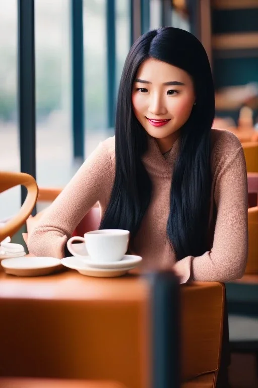 stunningly beautiful asian girl, sitting inside a cozy cafe