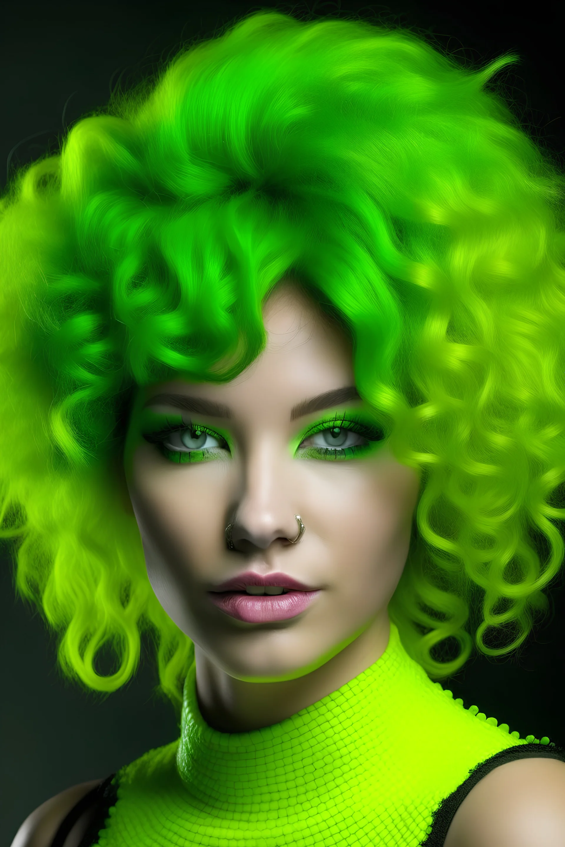 Bulbous and slightly elongated topped with a wild mop of neon green curly hair that defy gravity