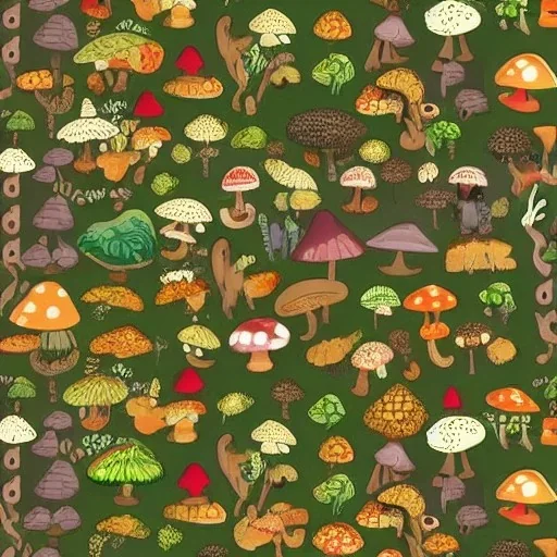 World made of mushrooms with little cute animals crawling around very colorful in earth tones red, dark green, moss, beige, mushrooms