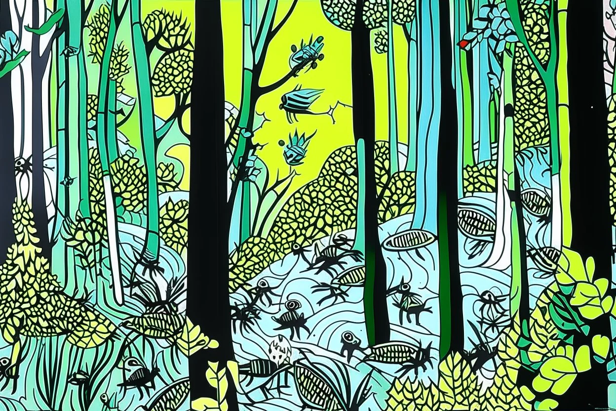 A mint colored forest with insects painted by Roy Lichtenstein