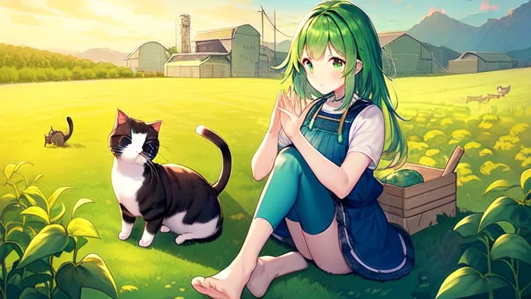 Girl, green hair, cat paws in hand, farm, sit, cat paws in feet