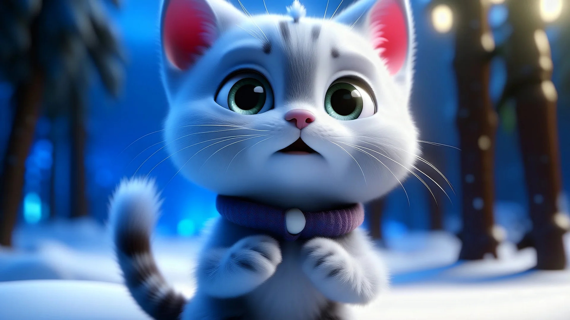 A Cute Pixar animation style of a kitten in a winter wonderland, fashion, 3D rendering, illustration, anime, typography, fashion, photo, 3d render, 8K, 4K, hyper realistic, exquisite detail, put the cat away