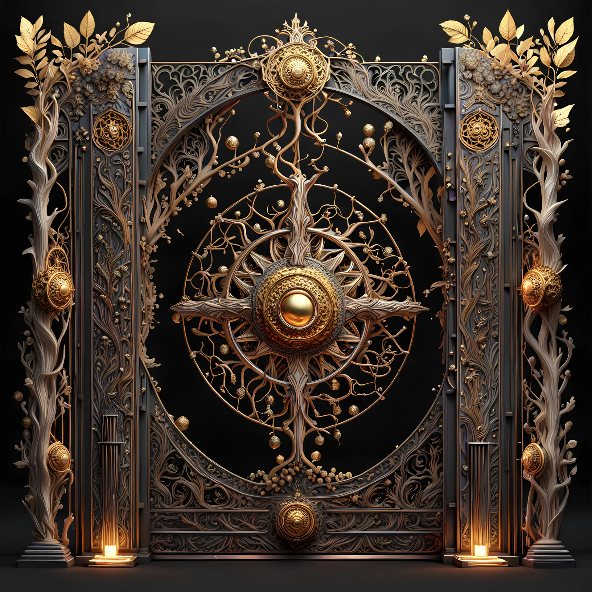 3D rendering of Expressively detailed and intricate of a hyperrealistic “gate”: side view, single object, amazing shinning gold, vines, black background, tribalism, shamanism, cosmic fractals, octane render, 8k post-production, detailled metalic bones, dendritic, artstation: award-winning: professional portrait: atmospheric: commanding: fantastical: clarity: 16k: ultra quality: striking: brilliance: stunning colors: amazing depth