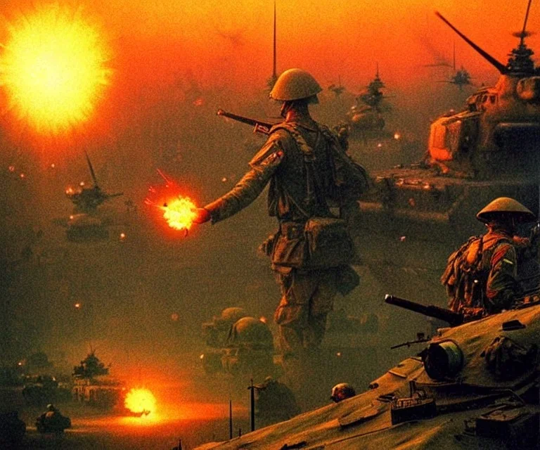 vietnam war. war. napalm. bokeh. lens flare. warm lights. high detailed. beksinski