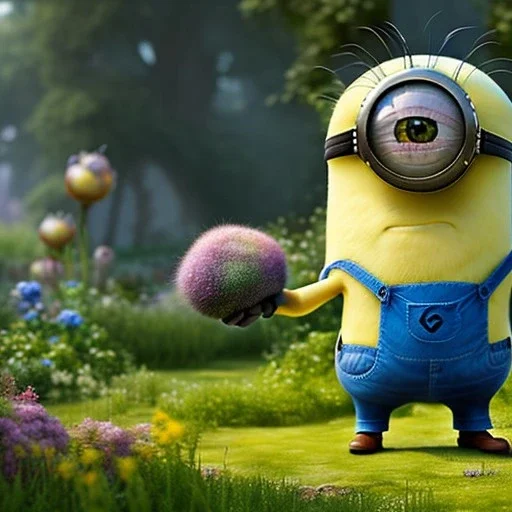 pixar style, volumetric summer garden environment and background, realistic painting of a Minion, looking excited, detailed digital painting, extreme dense and fine fur, anime, ornate, colour-washed colors, elegant, small minutiae, tiny features, particulars, centered, smooth, sharp focus, renderman gofur render, 8k, uhd, detailed eyes, realistic shaded volumetric lighting, sunlight caustics, backlight, centered camera view