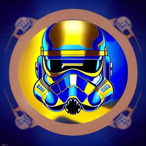 trés beau capitaine galactique, star wars style, avec costumes bleu et or , arrière fond bleu galactique étoilés, casque