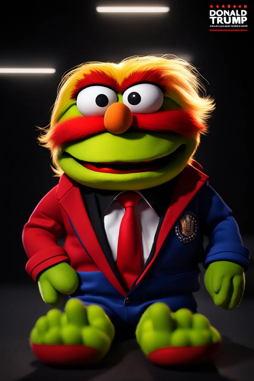 Waist up Angry muppet Portrait, Donald J Trump as muppet doll, black hair, president, red tracksuit, mustache, photo studio, black background, unreal engine 5, concept art, art station, ray tracing, lumen lighting, ultra detail, volumetric lighting, 3d.