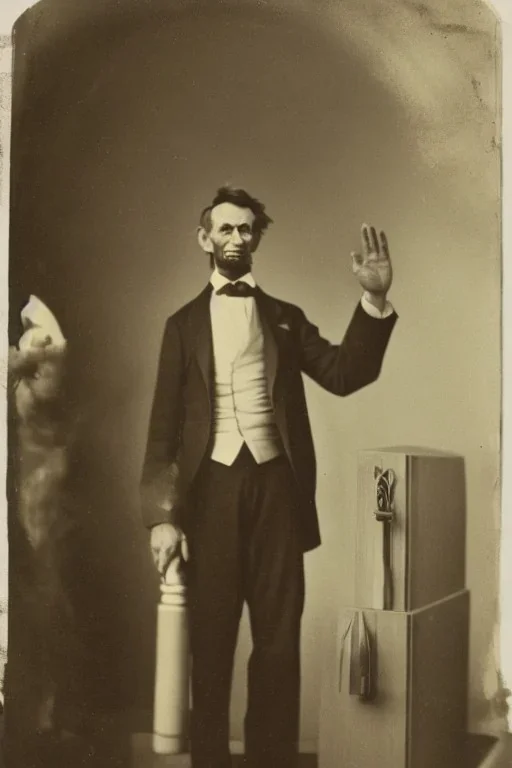 Abraham Lincoln standing beside a coffin with his hand on the lid vintage photography, beautiful, Tumblr aesthetic, retro sepia vintage style, HD photography, hyperrealism, beautiful, natural, realistic ultra HD, Daguerreotype