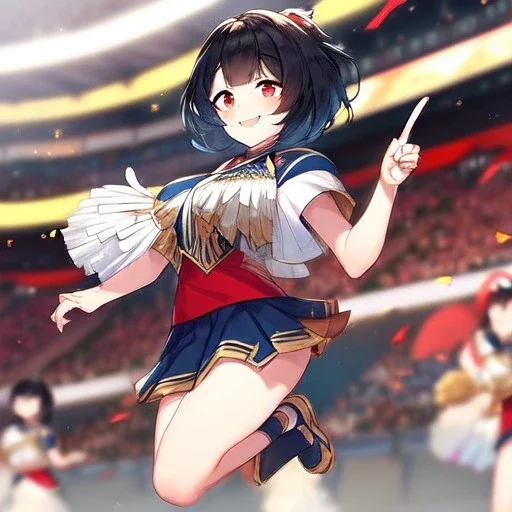 Clear focus,High resolution, black short fluffy hair, long fluffy bangs, and red eyes, Depressed girl, wearing a cheerleader outfit, jumping, blushing, smiling, happy, pointing up