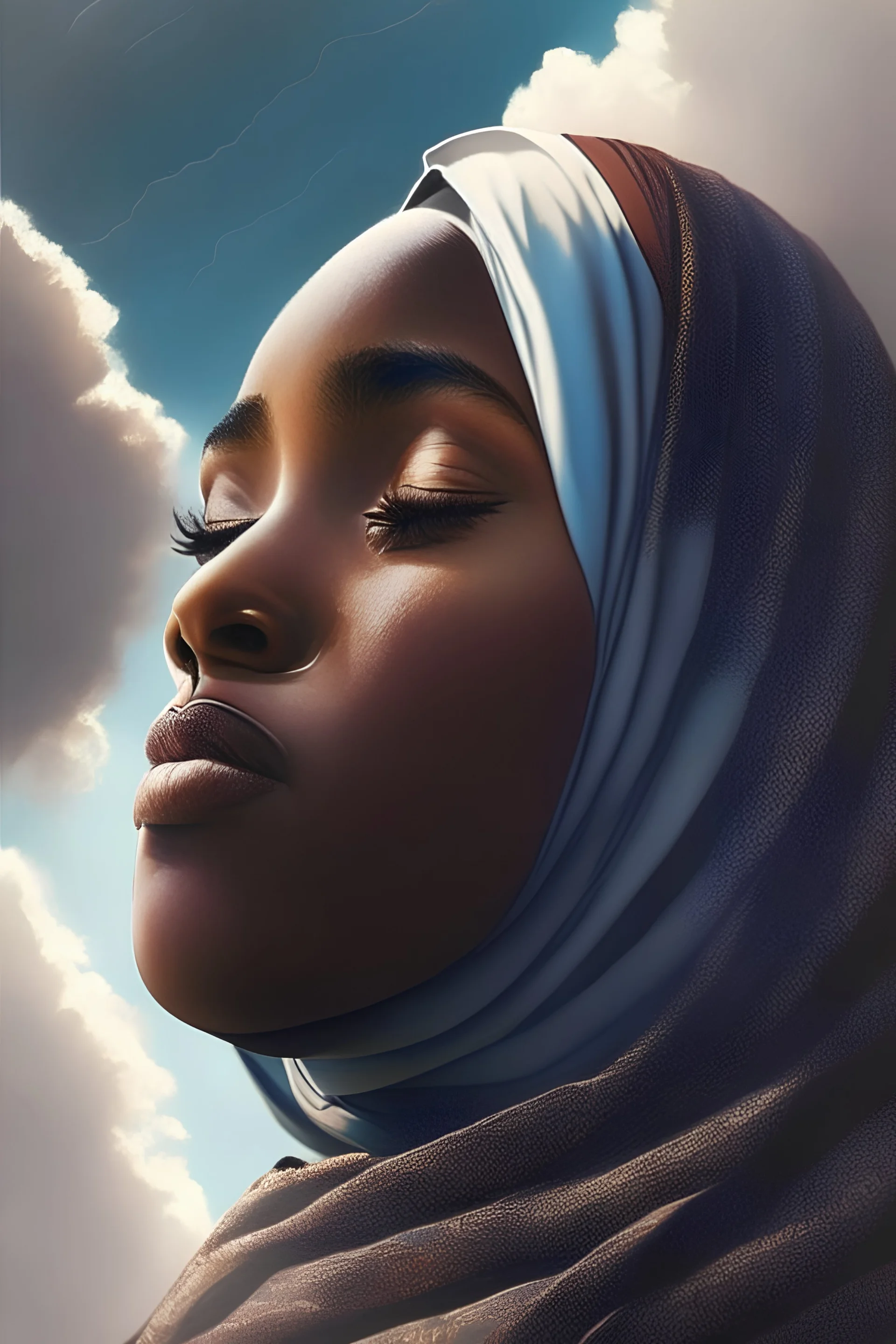 ChatGPT A black Muslim woman with a round face looks towards the sky, offering silent prayers to Allah. She reflects on the beauty of Islam and the blessings in her life. With renewed purpose and determination, she continues her journey with faith and courage.