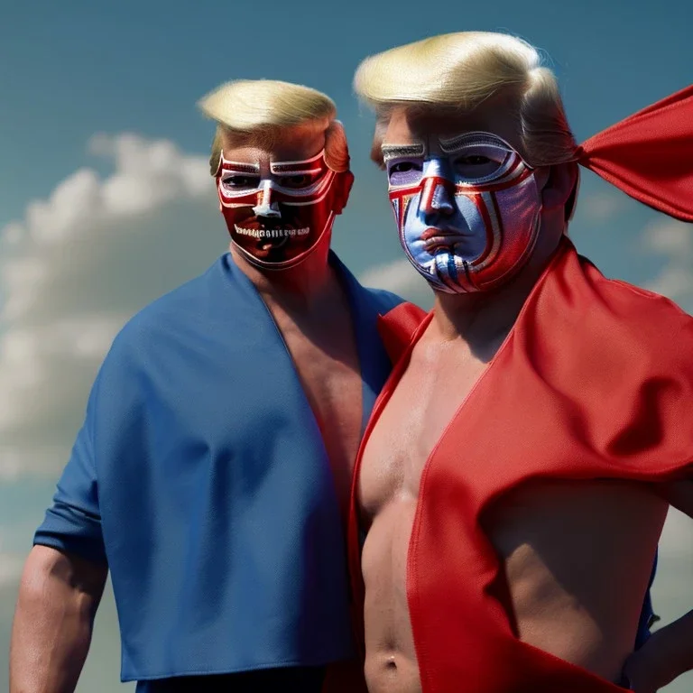 realistic image of donald trump as a mexican wrestling fighter posing outdoors, Mexican eyes wrestling mask, red and blue breeches, confederate flag cape, naked torso, retro style, 80s, vibrant color, highly detailed, sky background, concept art, unreal engine 5, god rays, ray tracing, RTX, lumen lighting, ultra detail, volumetric lighting, 3d, finely drawn, high definition, high resolution.