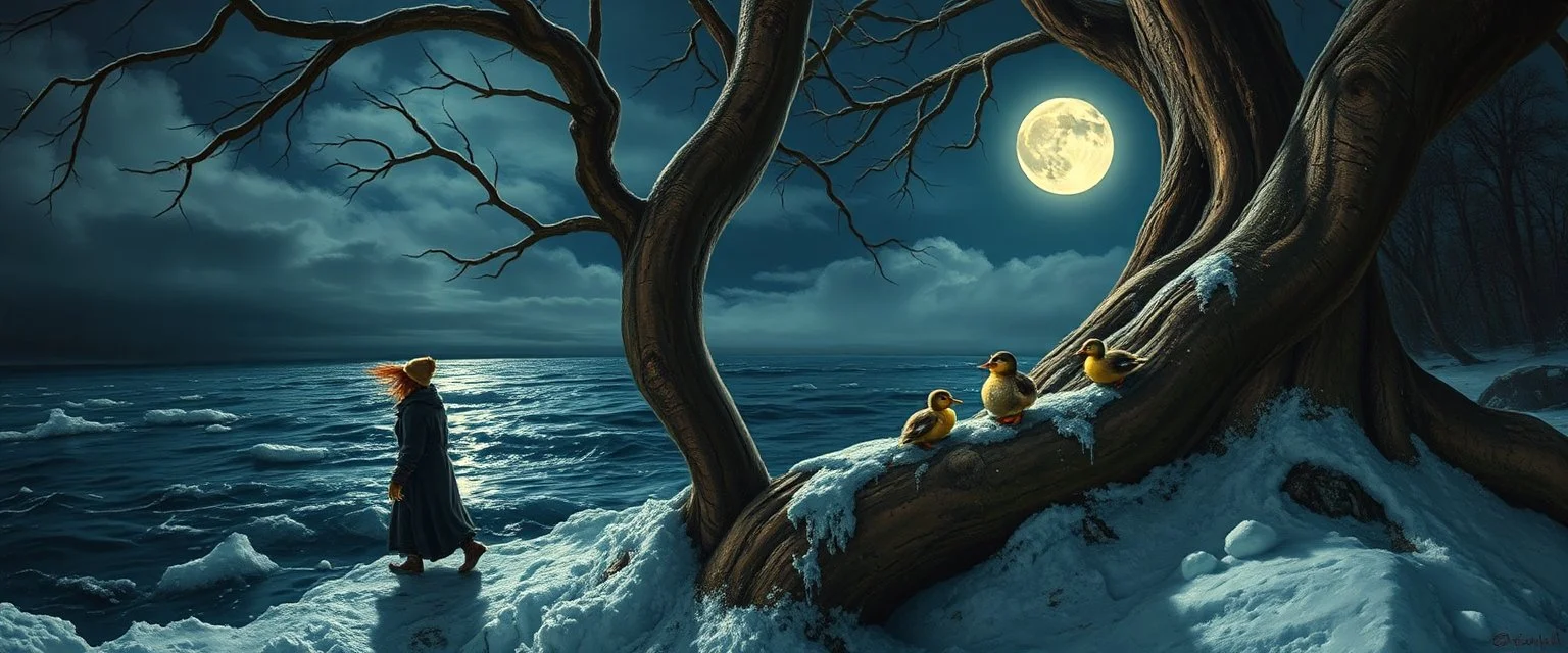 pin hole cam, master oil painting by Rembrandt, By moonlit cove where silver tides embrace, Walked Lena Gray, her hair a chestnut flame, And Oskar Vann, freckled, with storm-blue gaze, Both chasing secrets tides could not reclaim. They spied a trunk, twisted like an old tree, Its bark peeled gold, veins glowing faintly green, tiny ghost pirate ducks living full lives on the ice covered branches