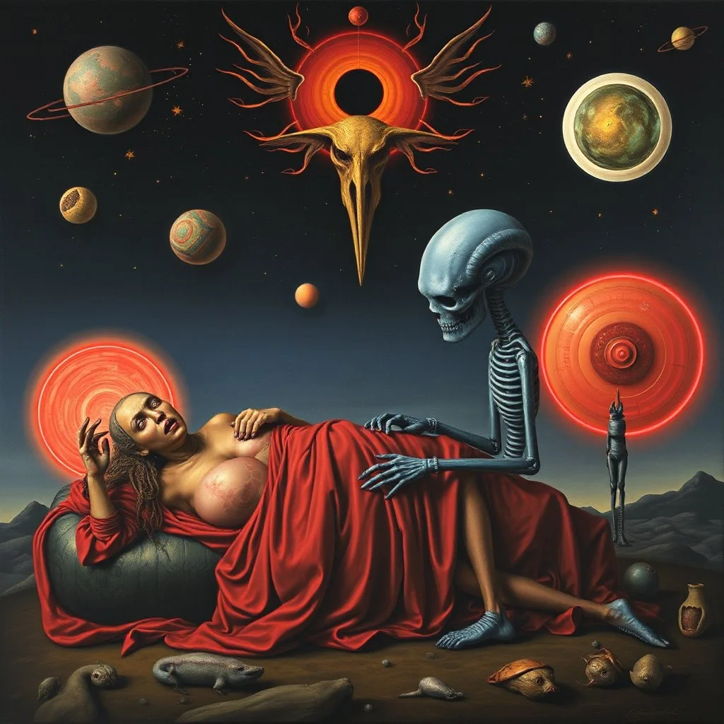 Gnostic embalming tragedy, android dreams, by Rufino Tamayo and H.R. Giger, by Patricia Piccinini, neon, surreal horror, genetic abrogation, oil painting with surreal motifs, cosmic