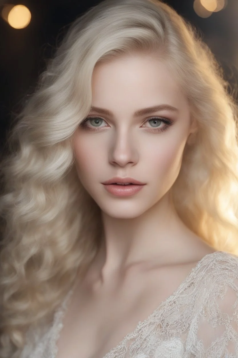 Photorealistic and detailed portrait: 19 year-old albino amina ependieva. heterochromia like amina ependievas eyes ghostly blonde hair in long, luxurious wispy waves ghostly blonde eyebrows ghostly blonde eyelashes buxom, tight cleavage luscious lips white edwardian blouse, lace dress fairy lights, perfect airbrush, realistic eyes, intricate stunning highly detailed photo of a girl by amina arsakova.