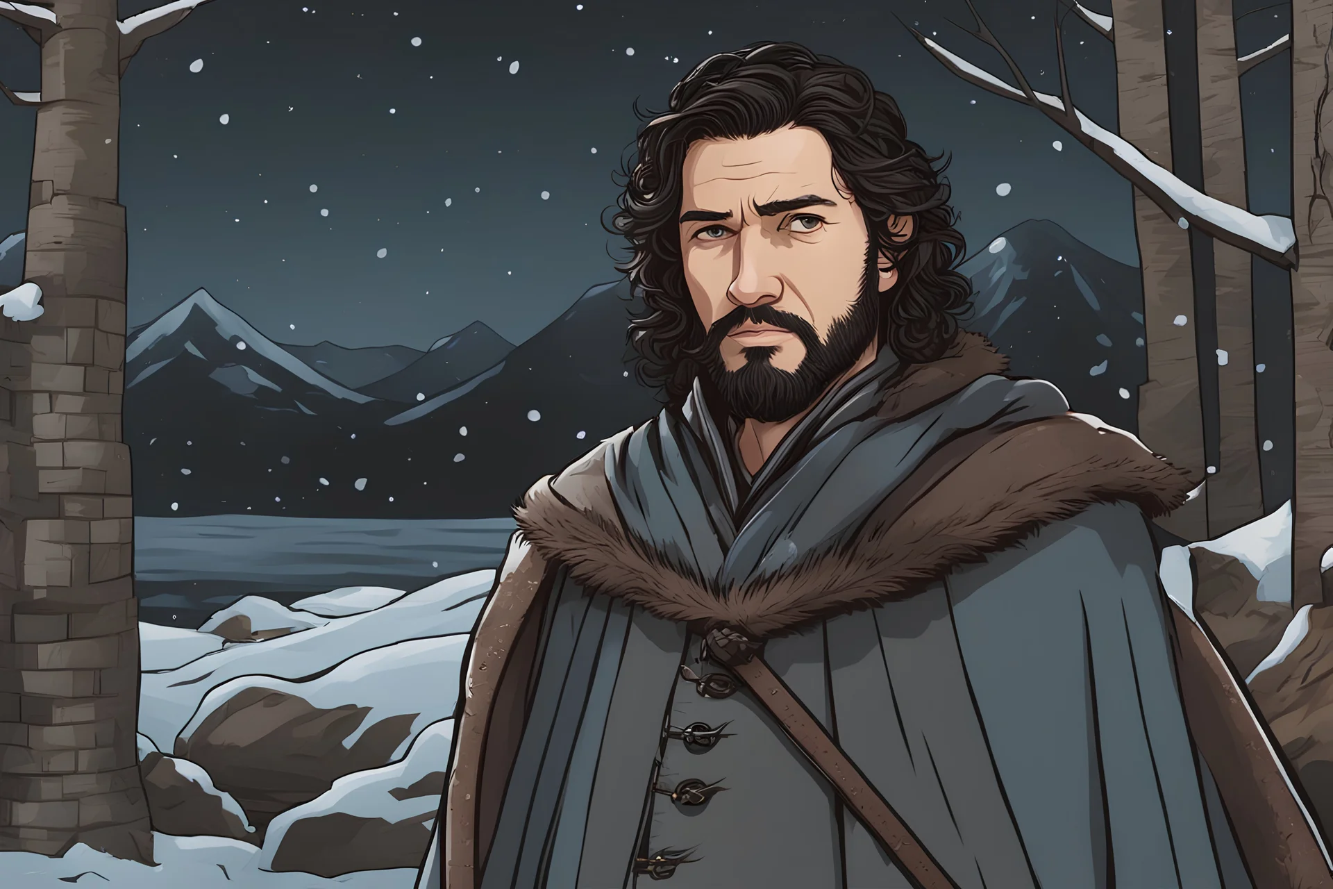 Jhon snow in 8k Afukuro cartoon drawing style , game of thrones them, winter costum, winter, close picture, highly detailed, high details, detailed portrait, masterpiece,ultra detailed, ultra quality