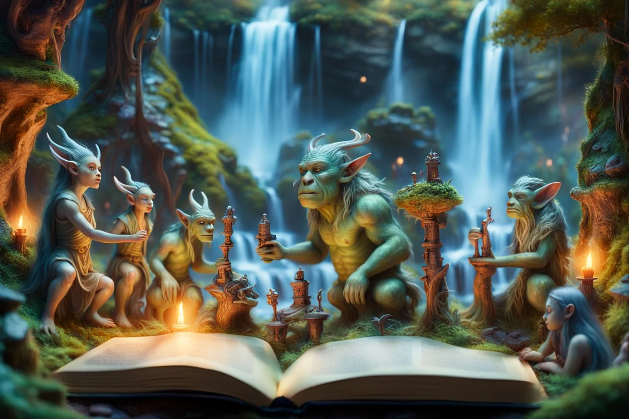 book cover oil painting of archeologists discovering elven woodland creatures with magical glowing bows in Rivendell worshipping big fat alien troll statues with many head and idols like from a myth or legend, on a strange planet with weird colors and waterfalls, bokeh like f/0.8, tilt-shift lens 8k, high detail, smooth render, down-light, unreal engine, prize winning