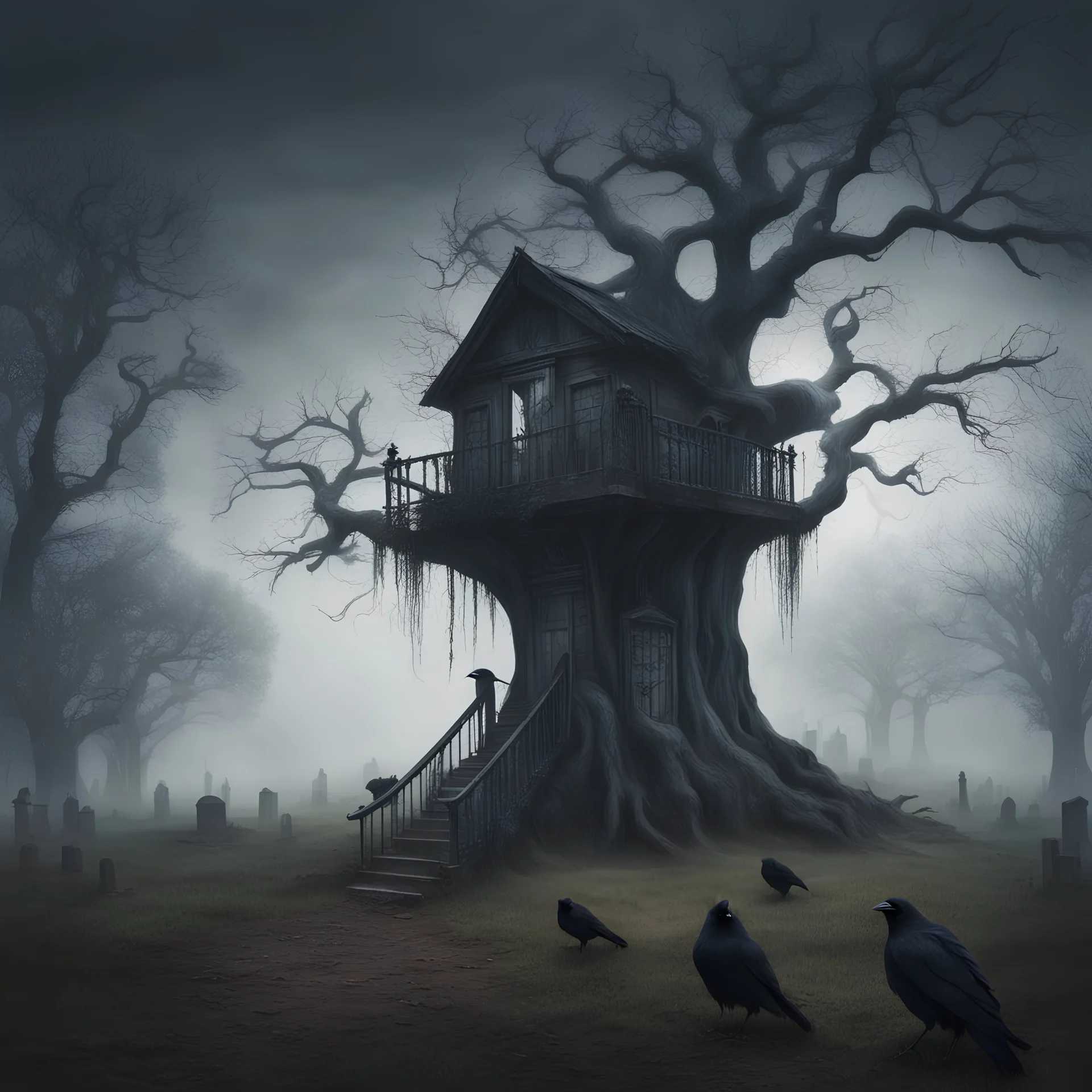 Hyper Realistic massive abandoned tree house between a cemetery at foggy night with crows sitting on tombstone