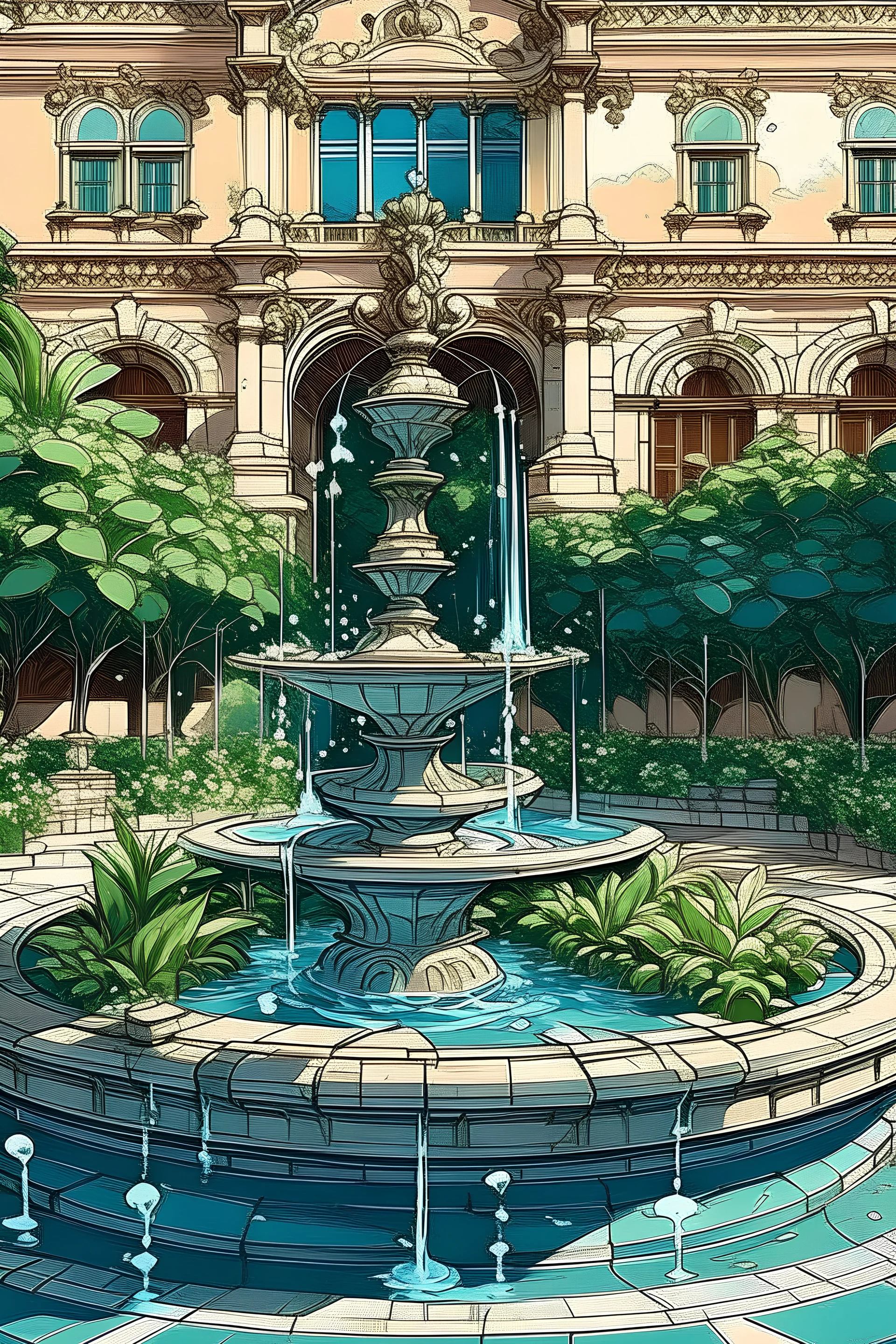 Bulding , plants , fountain , colour , beautiful, drawing