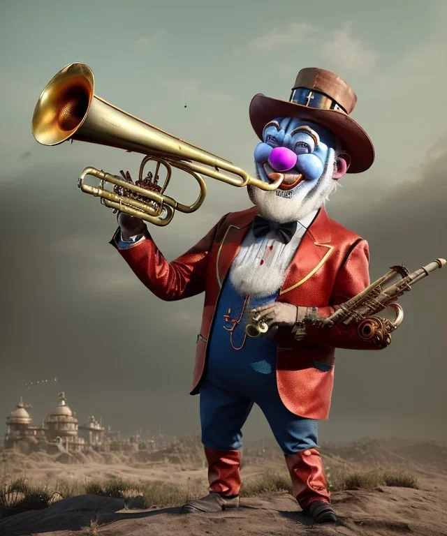 mechanoid old friendly fat clown with trimmed beard playing jazz with a steampunk theme, trumpet, realistic