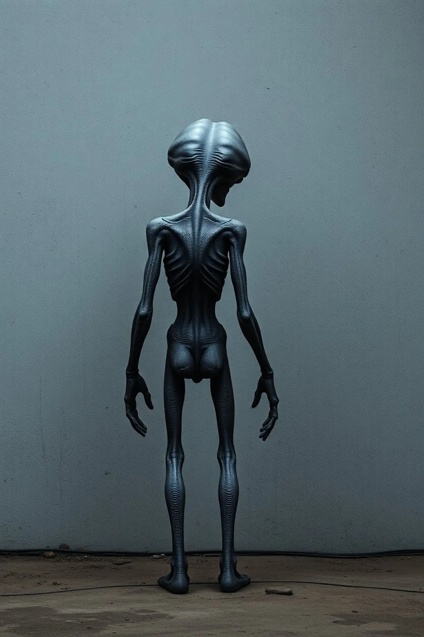 a gray alien standing by a wall piss on the wall back view he turned face back scared