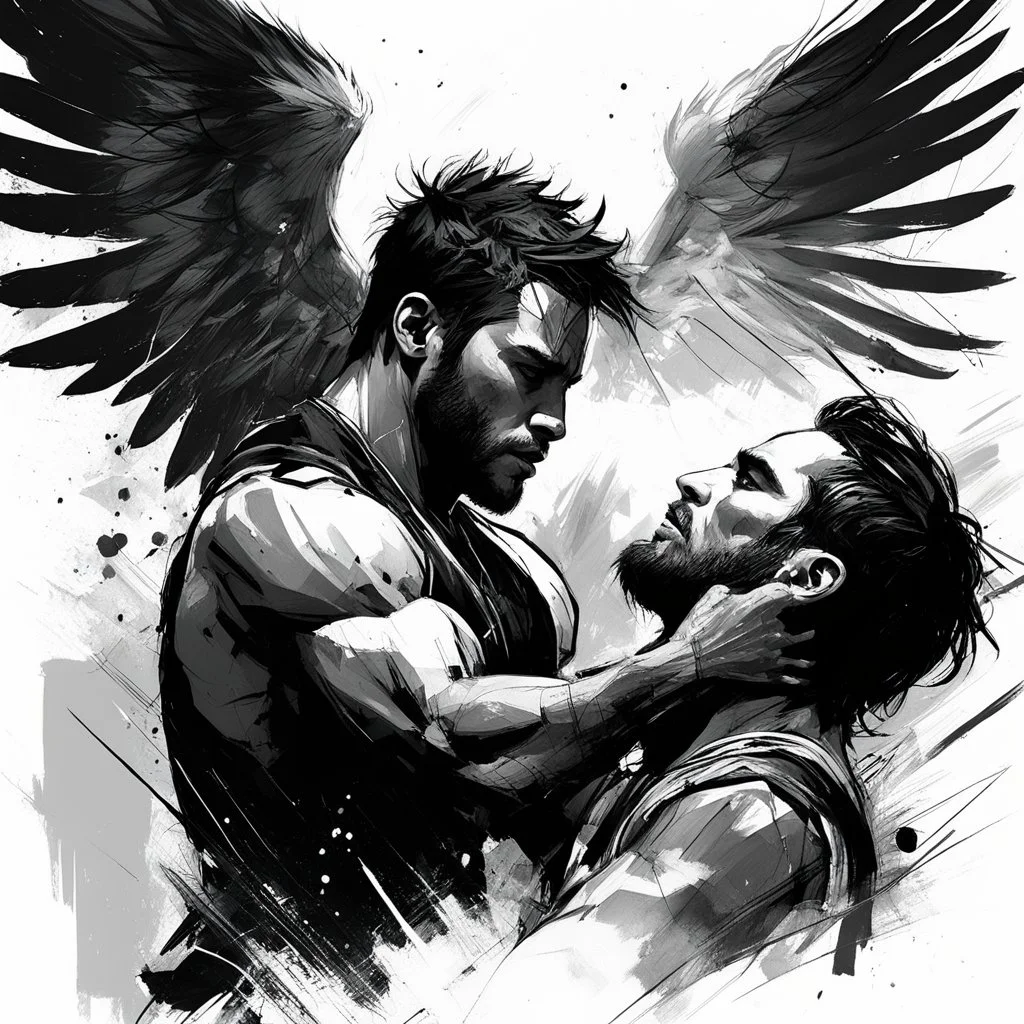 [art by Russ Mills] Jacob wrestling with angel