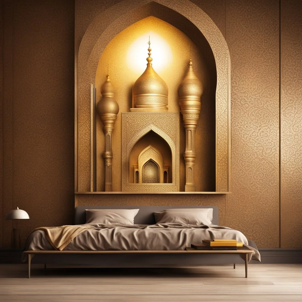 Hyper Realistic Bright-Glowing-Golden-Islamic-architecture on rustic-brown-rustic wall