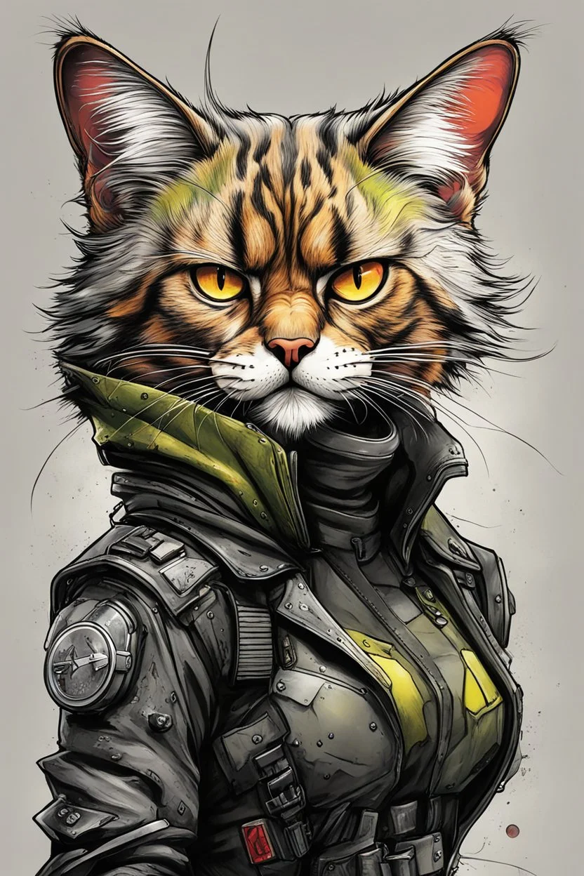 create a wild caricature of a grizzled streetwise cyberpunk female mercenary cat highly detailed with refined feline features in the caricature style of Gerald Scarfe , precisely drawn, boldly inked, vividly colored, 4k