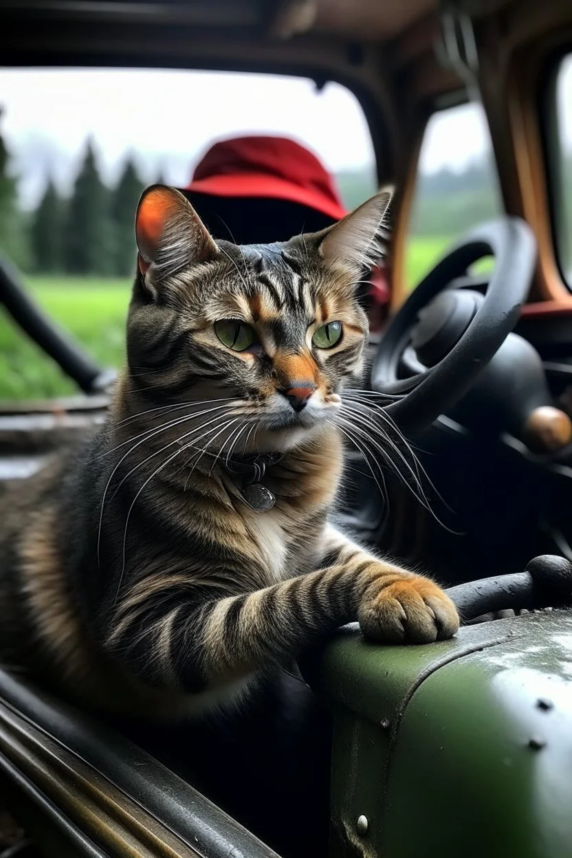 A farmer cat driving a tractor in the rain.