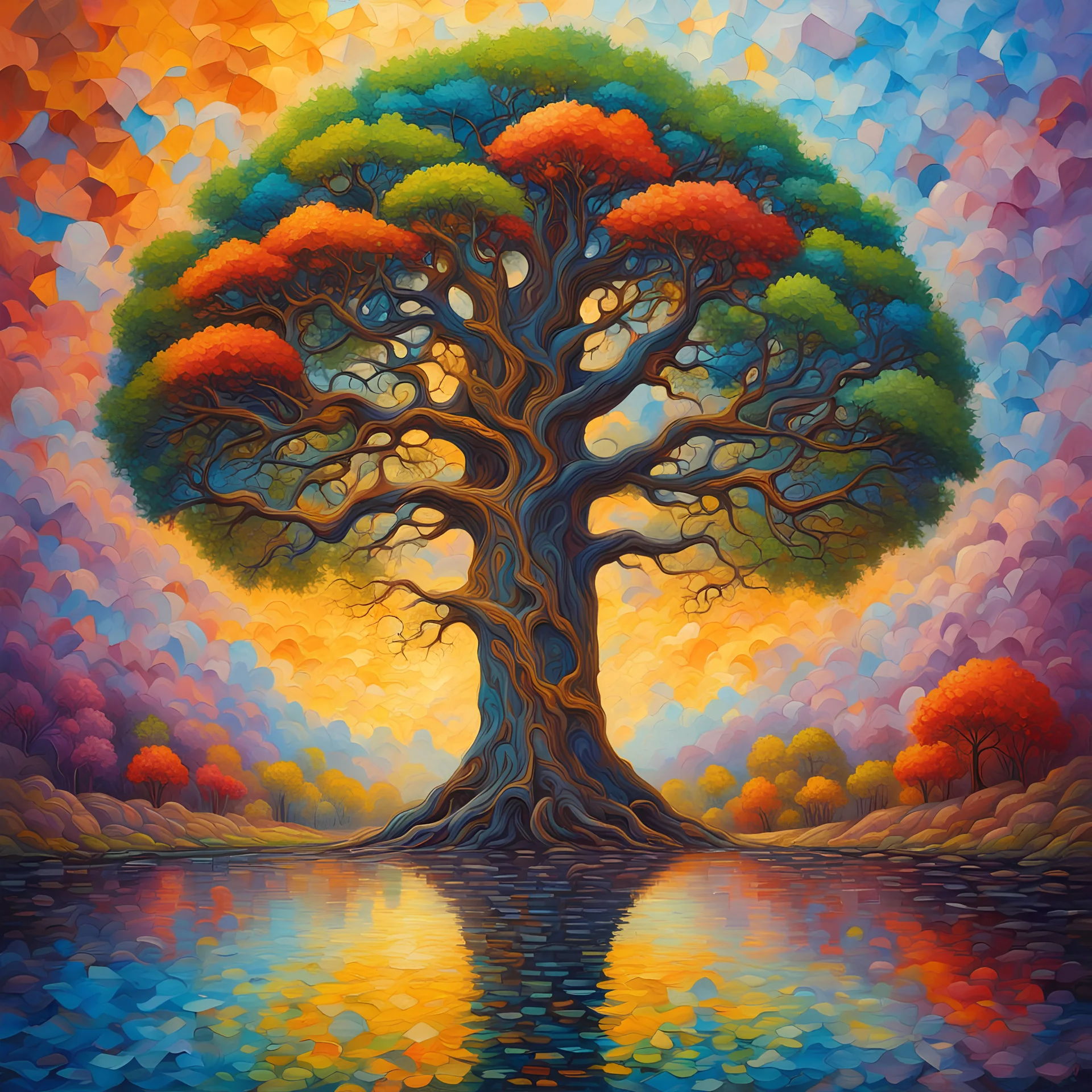 Oil painting of the tree, colorful, bright, painted impasto with thick palette knife. fantasy oil on canvas beautiful imperial colors colourful Jacek Yerka light reflections Gediminas Pranckevicius Impressionist