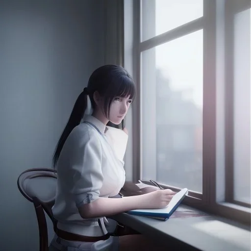 female student studying by the window, unreal anime style, unreal engine 5, studio lighting --ar 2:1