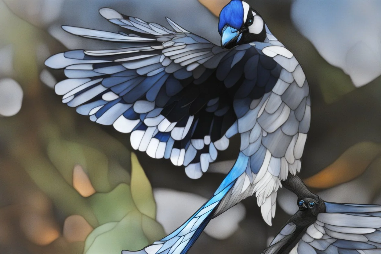 vitrail d'un geai bleu ailes déployées cyberpunk