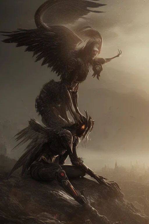 Fallen angel character crouching, yellow eyes, dark hair, dark armor, waist up portrait, Demonic tail, hyperrealistic, intricate details, insanely detailed, cityscape background, natural lighting, black wings