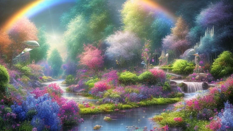 verybeautiful-magical-garden-of-the-angelic-kingdom-blue-and-pink-plants-and-trees-small-river-sunshine-flowers-haze-thumb-rainbow-ufo-bright-colors-light flowers