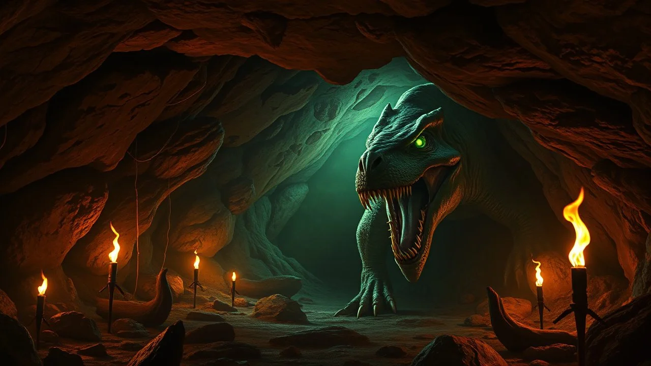 A prehistoric cave filled with flickering torches casts eerie shadows on the walls, where a hauntingly vivid painting of a snarling, ancient beast comes to life, its eyes glowing with an otherworldly green light, as if the very spirits of the cave have been awakened to unleash a primal terror upon the world.