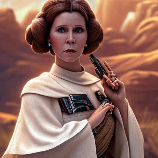 stunning half-body-portrait photo of princess leia from Star Wars played by Carrie Fisher, in the style of horizon zero dawn wlop, artgerm, akihiko yoshida, and liang xing, detailed face, doe eyes, intricate hair style, symmetrical eyes, trending on artstation, highly detailed, white dress, dynamic pose, intricate outfit, space ship and galaxy background