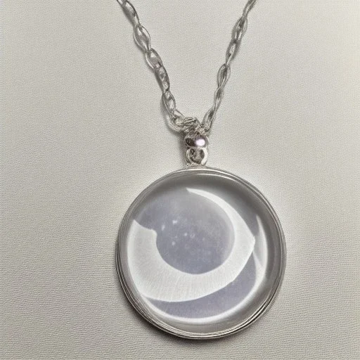 Clear polyester necklace with a silver pendant in the shape of a crescent moon