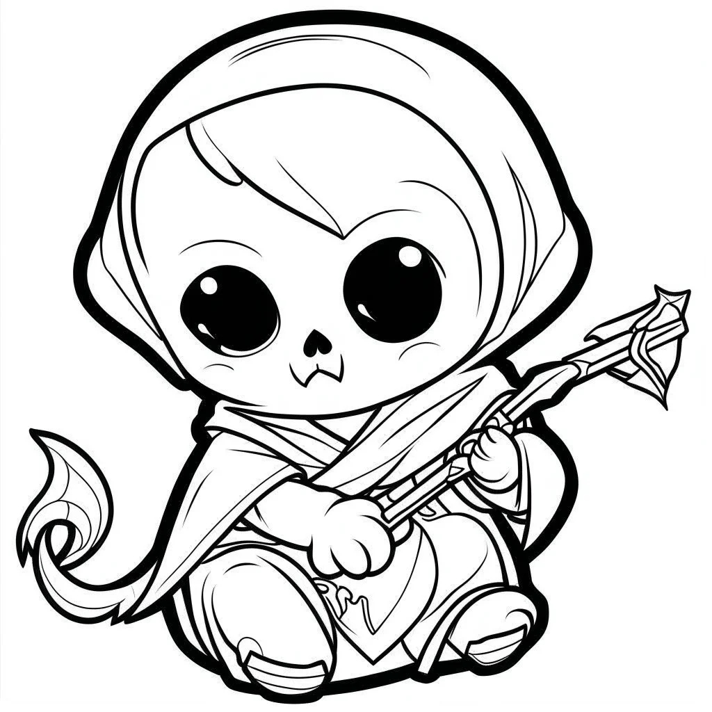 create a 2d black outline, "cute kawaii baby death with a scythe coloring book for kids", coloring page, low details design, black contour, coloring page design, simple background, colorful , card style, coloring page for kids, white background, sketch style,