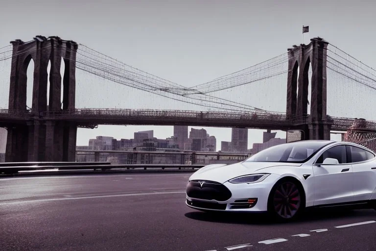 A Tesla's 'Model S' is racing at top speed, on the 'Brooklyn Bridge' in New York. CINEMATIC. WIDE ANGLE LENS. PHOTO REAL.