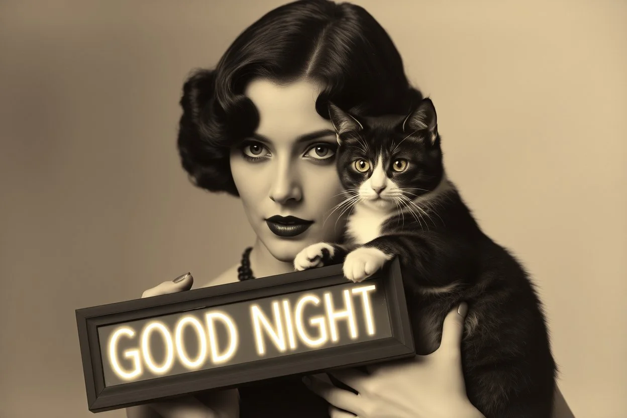 photo, portrait of an art deco woman with a cat, sign "GOOD NIGHT"