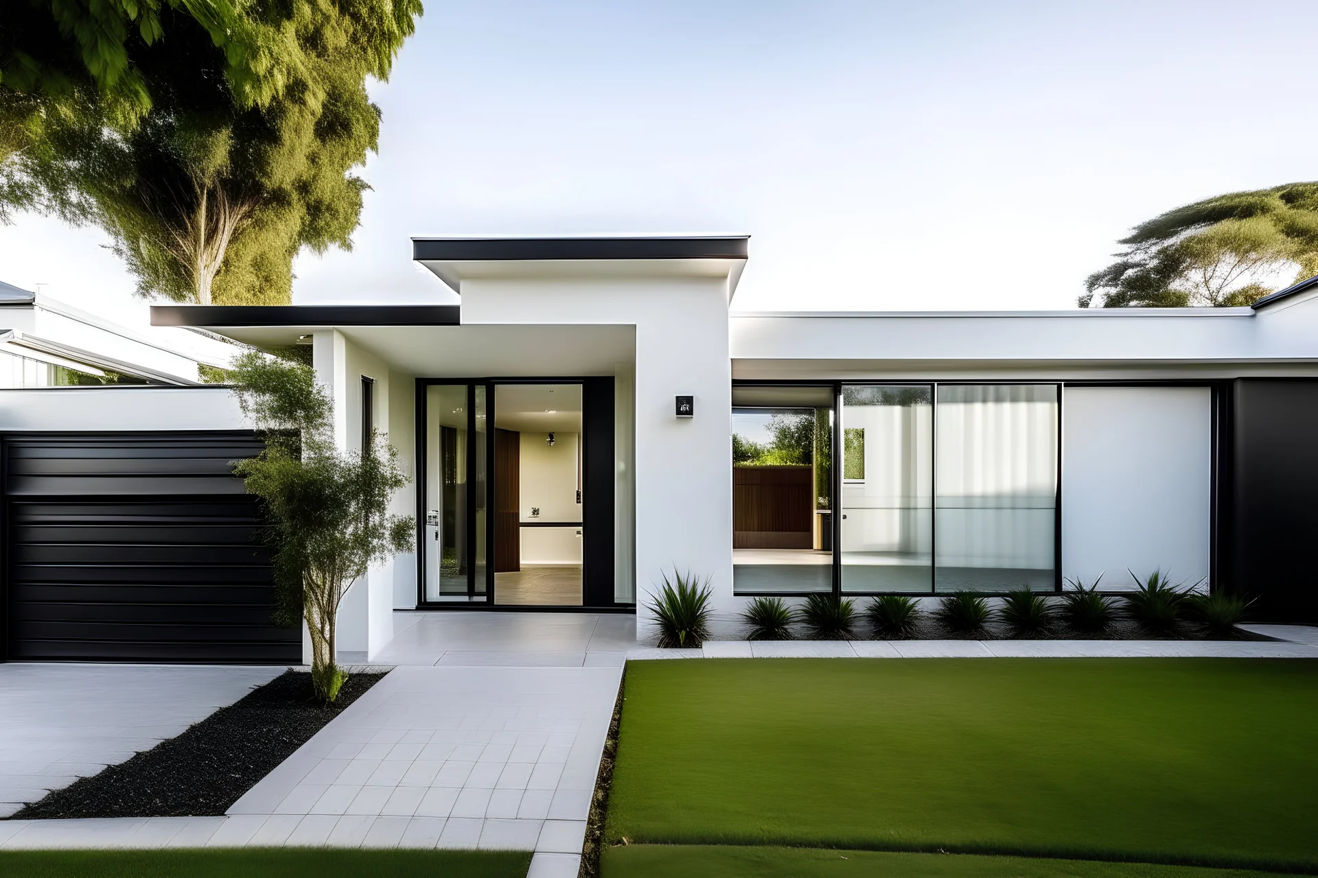 Fachada de vivienda de un piso horizontal, estilo minimalista, con dos ventana laterales, puerta principal lateral con galeria y rejas